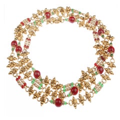 Long CHANEl Necklace Red and Green Glass, Pearls and Rhinestones
