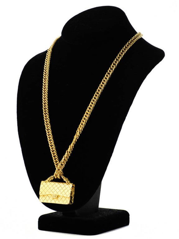 Women's Gold Chanel Chain Necklace with Iconic Quilted Purse Pendant