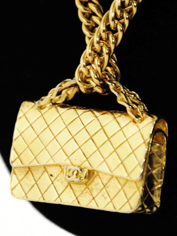 Gold Chanel Chain Necklace with Iconic Quilted Purse Pendant 1