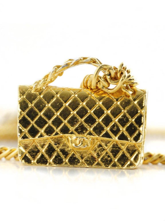 Gold Chanel Chain Necklace with Iconic Quilted Purse Pendant 3