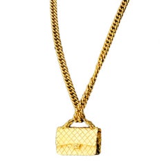 Gold Chanel Chain Necklace with Iconic Quilted Purse Pendant