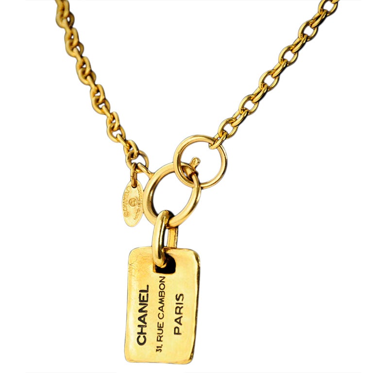 Gold Chanel Chain Necklace with Hanging Stamped Tag