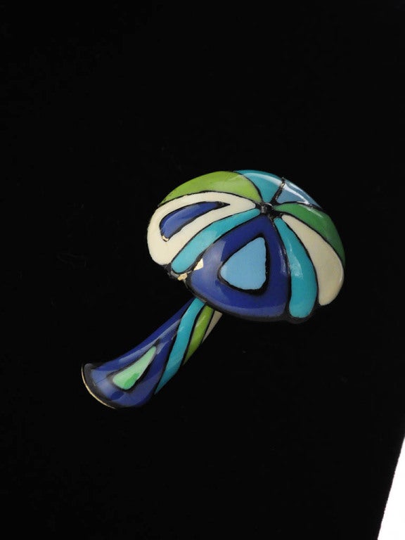 Eisenberg Enamels Hand Painted Mushroom Pin and Clip-on Earrings For Sale 3
