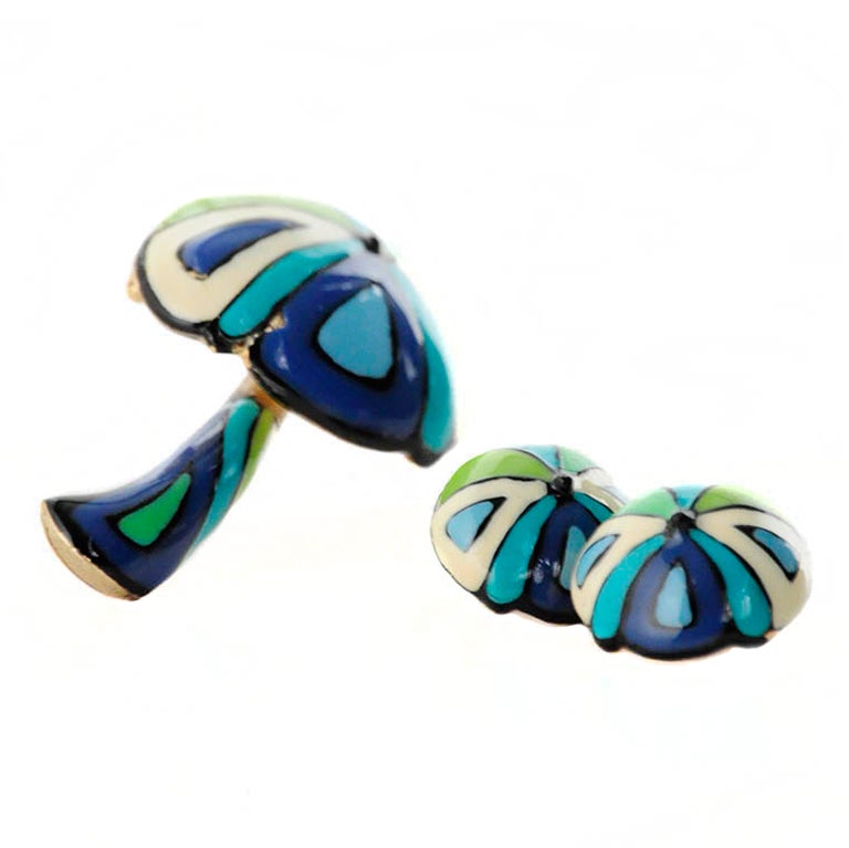 Eisenberg Enamels Hand Painted Mushroom Pin and Clip-on Earrings For Sale