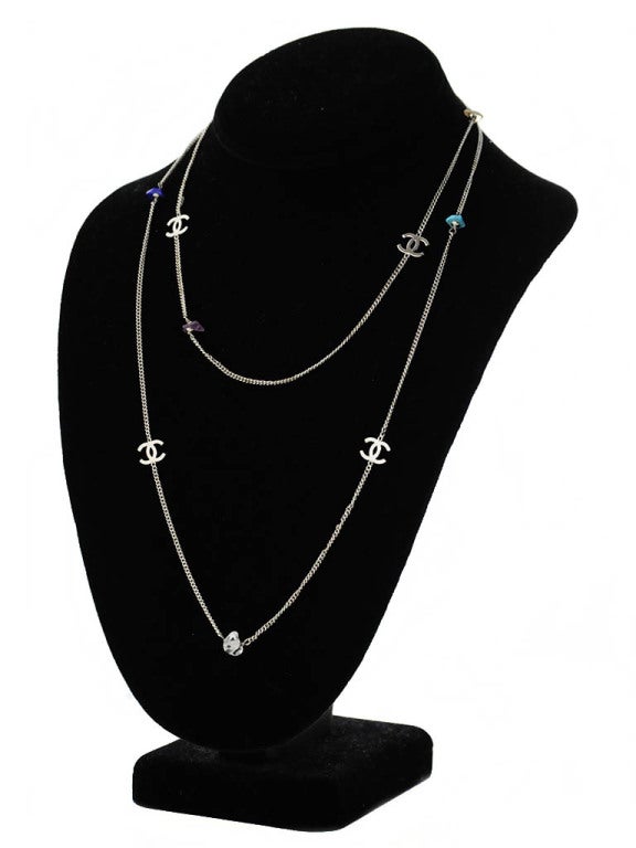 Silver Chanel Logo Necklace with Multi Color Stones