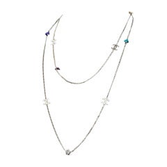 Silver Chanel Logo Necklace with Multi Color Stones