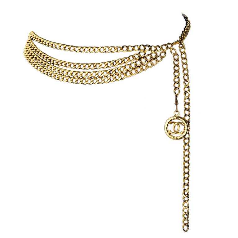 Vintage Chanel Gold Chain Belt with Chanel Logo Dangle at 1stdibs