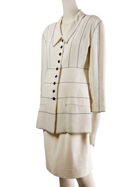 Gray Karl Lagerfeld 2p. Jacket & Skirt Suit-Creme Crepe w/Black Top Stitching For Sale