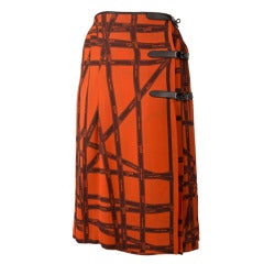 Vintage Hermes Pleated Kelly Skirt-Orange & Brown Ribbon Print Silk