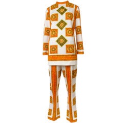 Vintage Mr. Dino Mod Tunic & Pant Suit Set-Orange & Creme Mandala Print