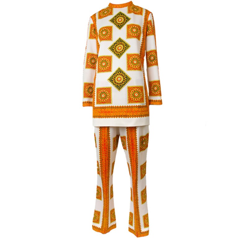 Mr. Dino Mod Tunic & Pant Suit Set-Orange & Creme Mandala Print