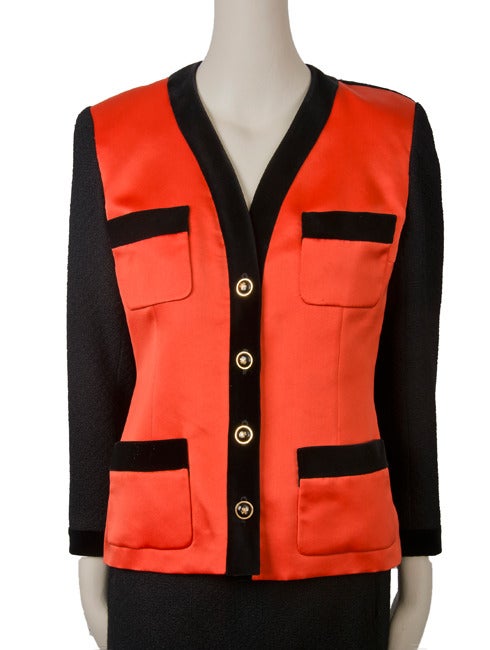 Chanel Boutique 2p. Jacket & Skirt Suit-Black Boucle' & Red Satin w/Velvet Trim In Excellent Condition In Boca Raton, FL