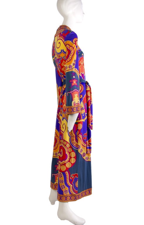 Vintage Leonard Fashion Oriental mod maxi dress with high collar, long sleeves with bright print.