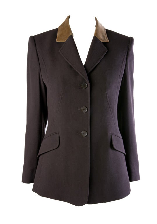 Hermes Vintage Dark Brown Wool Blazer with Velvet Collar Size 38