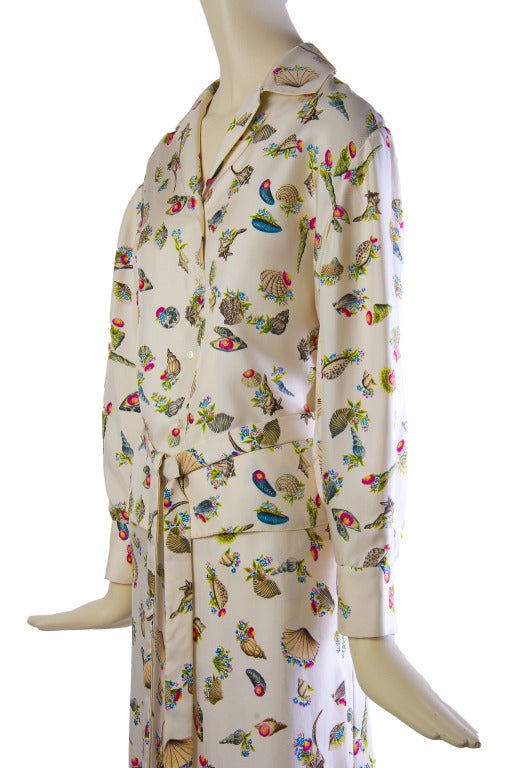 Shell Print Ivory Silk Skirt & Blouse
Button Front Long Sleeve Blouse
Elastic Waist Band Straight Skirt