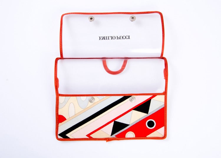Emilio Pucci Document Pouch
Clear plastic
Two snap closure
Velvet Pucci Print
Red Trim
Emilio Pucci Logo Stamp
Keep important papers safe 
9
