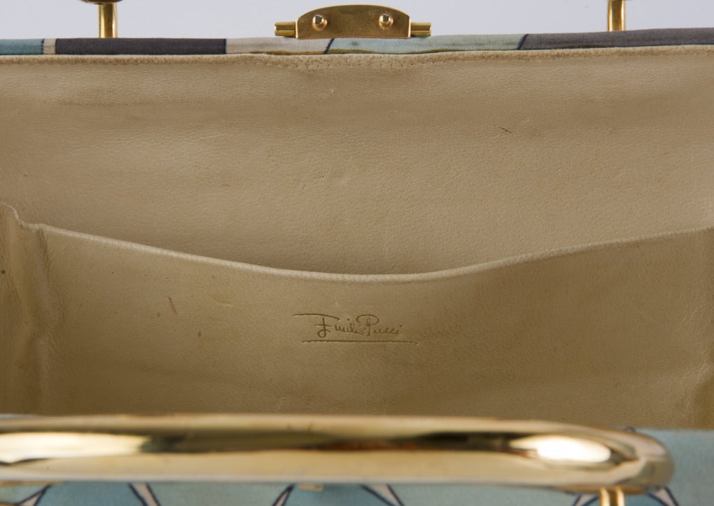 Vintage 1960's Emilio Pucci Handbag Grey & Aqua Fabric with Gold Tone Hardware In Good Condition In Boca Raton, FL