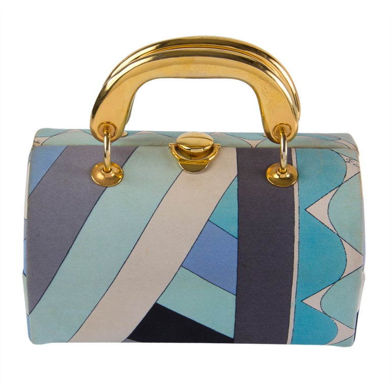 Vintage 1960's Emilio Pucci Handbag Grey & Aqua Fabric with Gold Tone Hardware