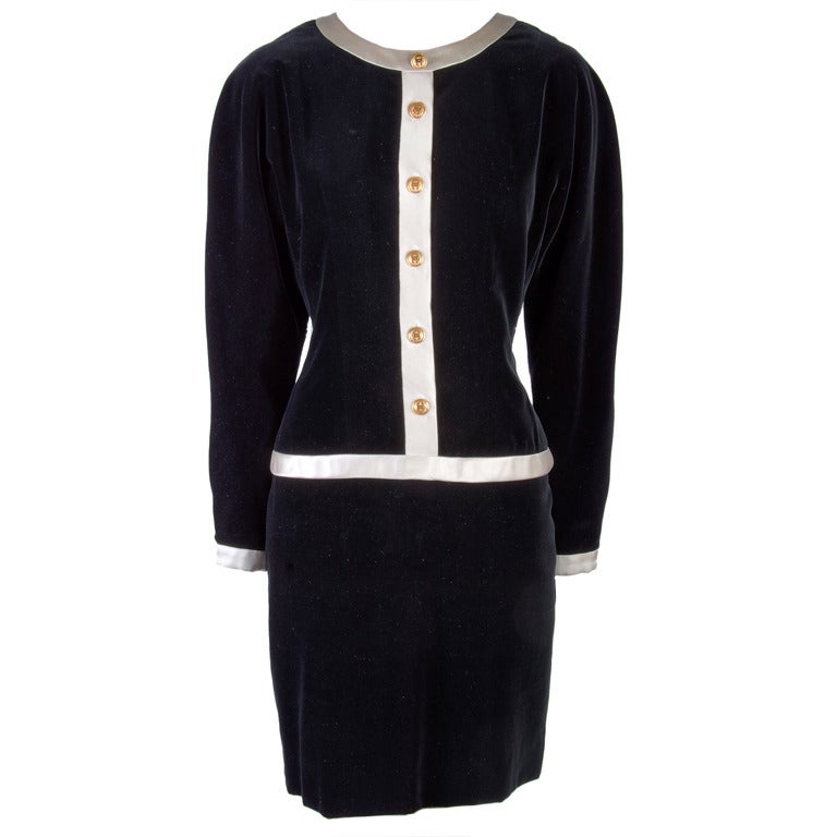 Vintage Chanel Black Velvet & Creme Silk Long Sleeve Dress Size 38