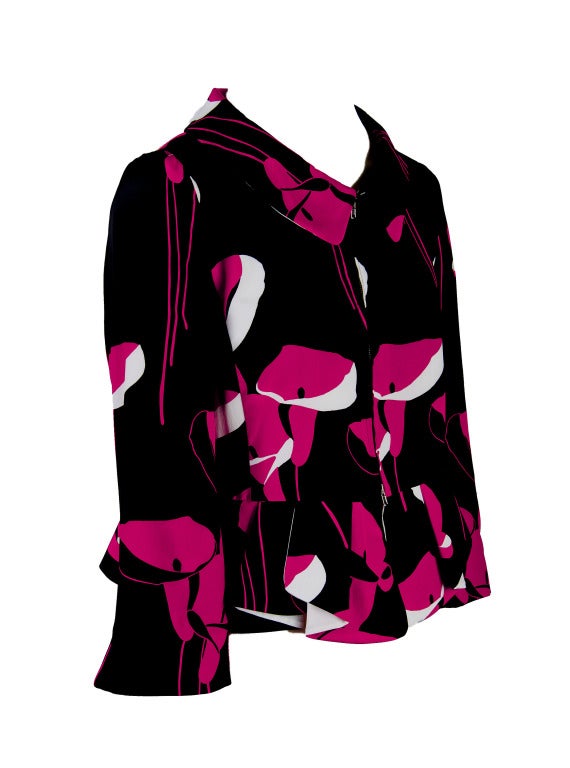 New Miu Miu Black, Red, & White Floral Print Zip up Jacket  Sizes 38, 40, 42 In New Condition For Sale In Boca Raton, FL