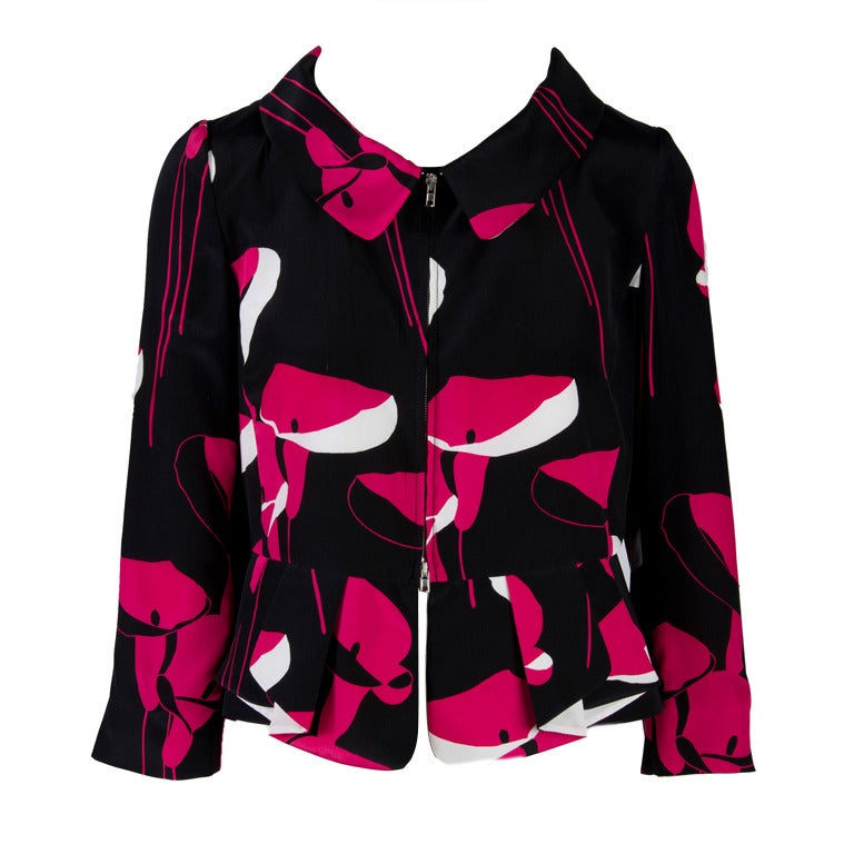 New Miu Miu Black, Red, & White Floral Print Zip up Jacket  Sizes 38, 40, 42 For Sale