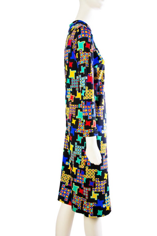 Vintage Leonard Black w/Multi-colored Pattern Long Sleeve Dress Rare For Sale 2