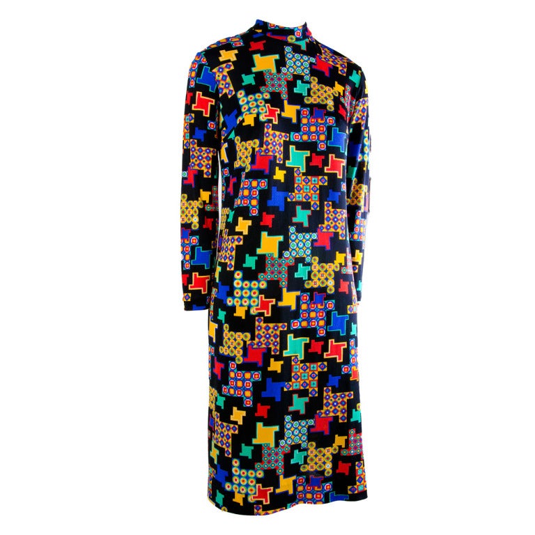 Vintage Leonard Black w/Multi-colored Pattern Long Sleeve Dress Rare For Sale