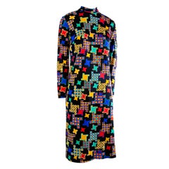 Vintage Leonard Black w/Multi-colored Pattern Long Sleeve Dress Rare