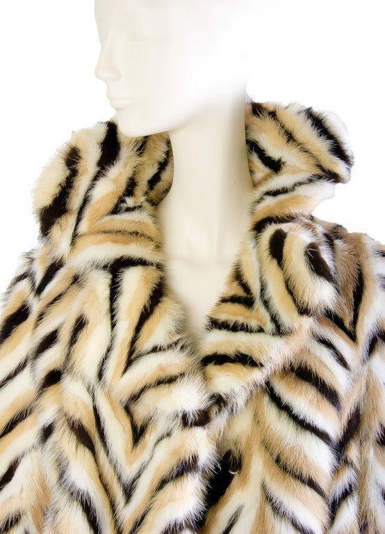 60's/70's Diagonal Striped Mink Coat with Partial Leather Collar In Excellent Condition In Boca Raton, FL