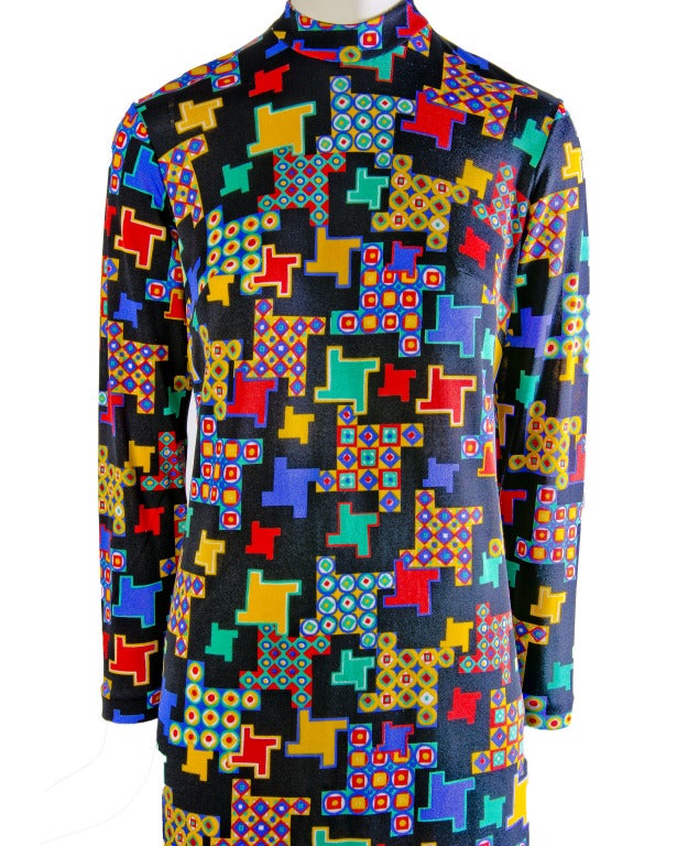 Women's Vintage Leonard Black w/Multi-colored Pattern Long Sleeve Dress Rare For Sale
