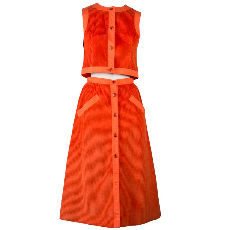 Courreges Orange Corduroy Two Piece Vest & Skirt Set