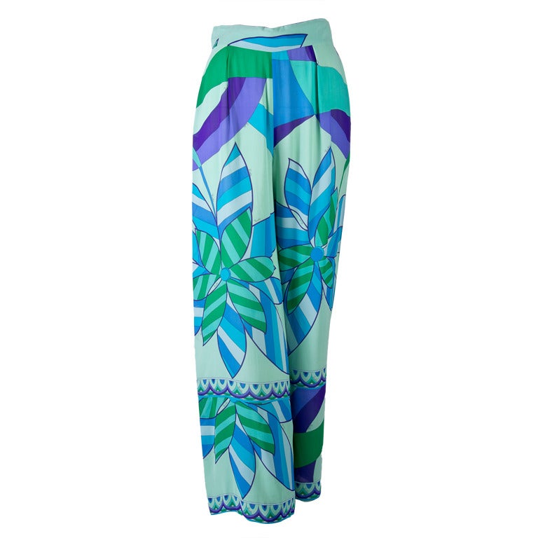 Emilio Pucci Blue, Green, Seafoam Floral Silk Lounge Pants Size 10 For Sale