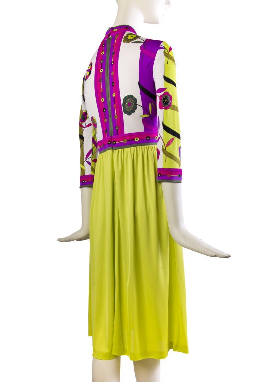 Yellow Emilio Pucci Vintage Chartreuse & Magenta 3/4 sleeve Silk Dress For Sale