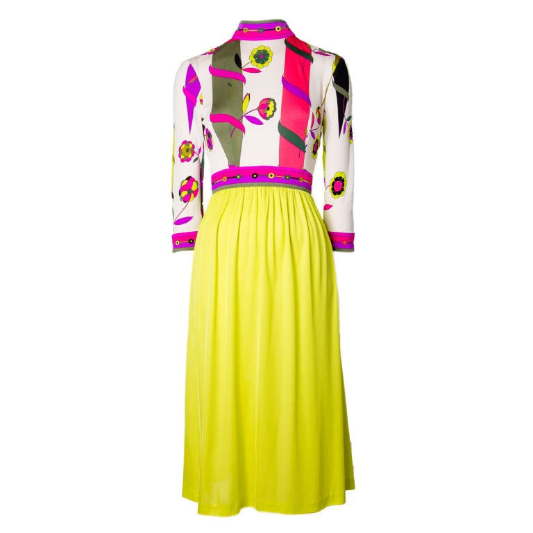Emilio Pucci Vintage Chartreuse & Magenta 3/4 sleeve Silk Dress For Sale
