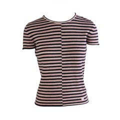 Chanel Pink White & Black Striped Cashmere Short Sleeve Sweater