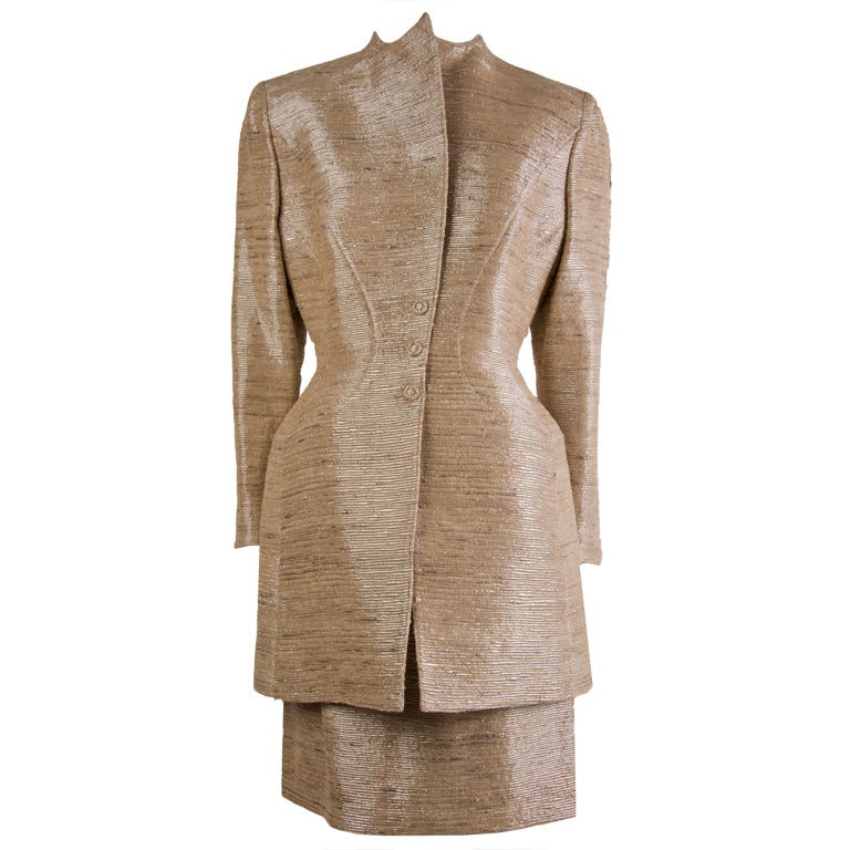 Vintage Thierry Mugler Beige & Gold Two Piece Skirt Suit Set Size 44