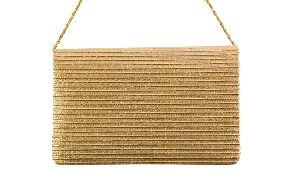 Vintage 1960's Pierre Cardin Gold Sparkle Clutch with chain strap In Good Condition In Boca Raton, FL