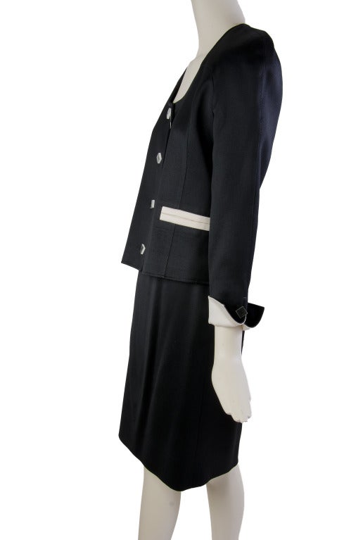 Women's Vintage 1960's Courreges Black & Cream Two Piece Wool Skirt Suit Size 36 For Sale