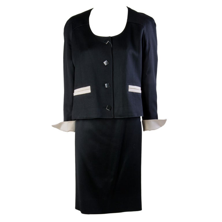 Vintage 1960's Courreges Black & Cream Two Piece Wool Skirt Suit Size 36 For Sale
