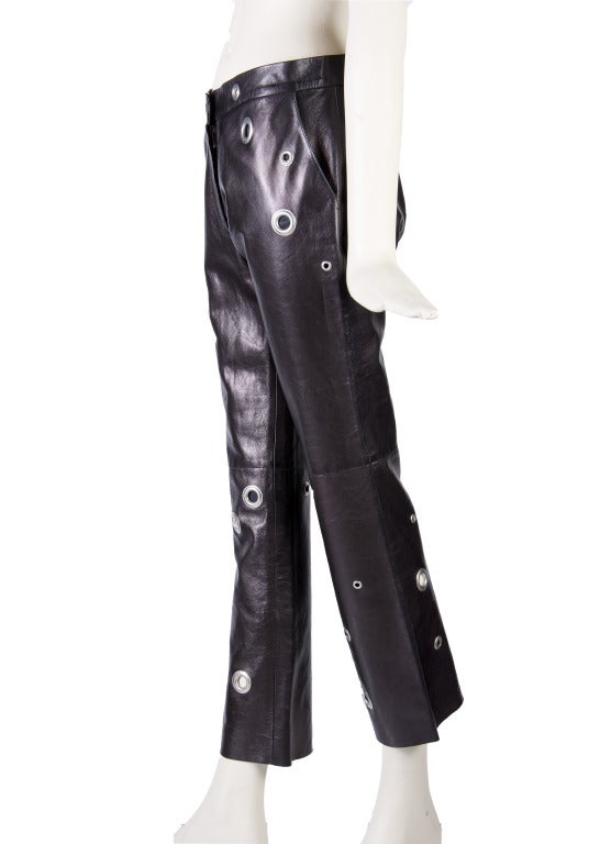 Moschino Dark Chocolate Mouton Leather Pants with Silver Tone Grommets Size 8 In Excellent Condition In Boca Raton, FL