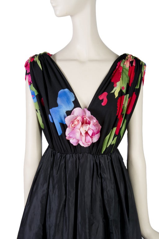 Women's Vintage Leonard Black Taffeta with Floral Top Gown