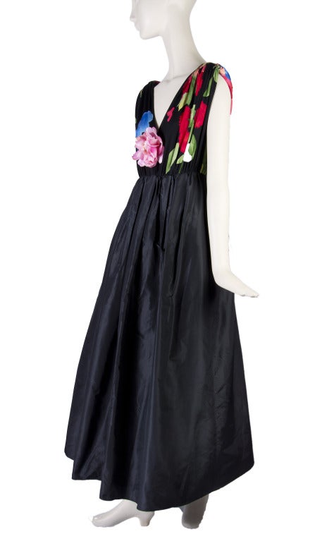 Vintage Leonard Black Taffeta with Floral Top Gown 1