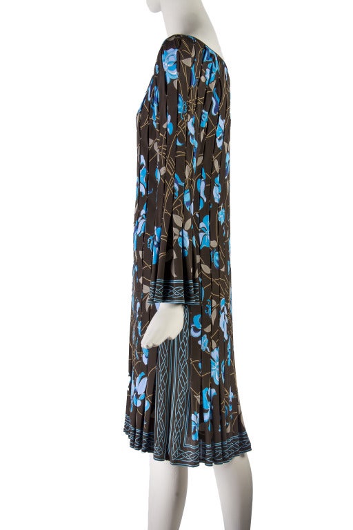 Black Emilio Pucci Brown with Blue Print Ruched & Pleated Long Sleeve Dress Size 8 For Sale