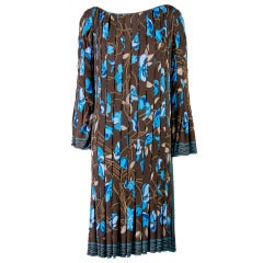 Emilio Pucci Brown with Blue Print Ruched & Pleated Long Sleeve Dress Size 8