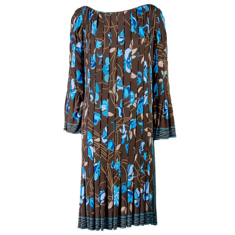 Emilio Pucci Brown with Blue Print Ruched & Pleated Long Sleeve Dress Size 8 For Sale