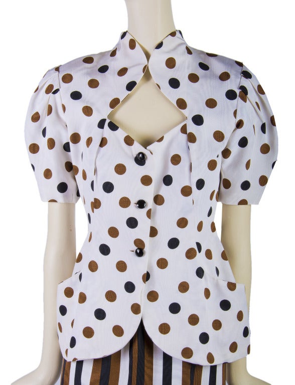 1980's Vicky Tiel Couture Skirt Suit White w/ Brown & Black Polka Dots & Stripe
