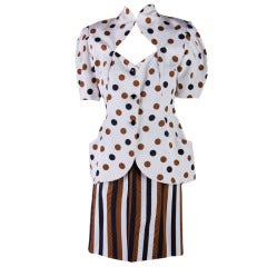 1980's Vicky Tiel Couture Skirt Suit White w/ Brown & Black Polka Dots & Stripe 9