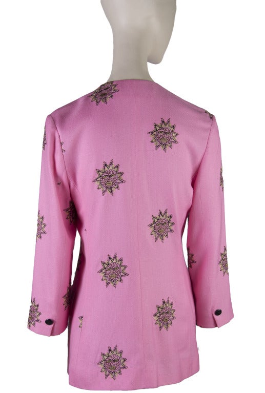 1970's  Vintage Christian Dior Bright Pink Jacket/Blazer with embroidered Suns In Excellent Condition In Boca Raton, FL