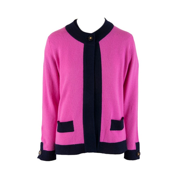 Chanel Fuchsia & Black Cashmere Sweater Two Piece Set Size 46