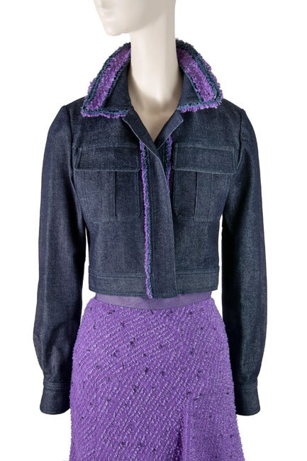 Vintage Oscar de la Renta Two Piece Denim Jacket & Purple Skirt Suit In Excellent Condition In Boca Raton, FL